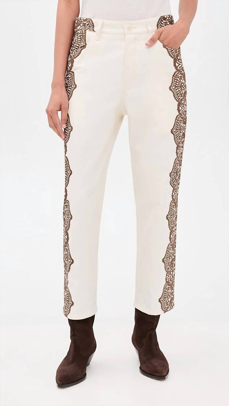 NEW THE GREAT. lace print wayne jean in cream & brown